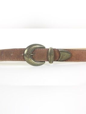 Cinnamon Brown Embossed Suede Leather Western Style Belt Brass Buckle Keeper Tip